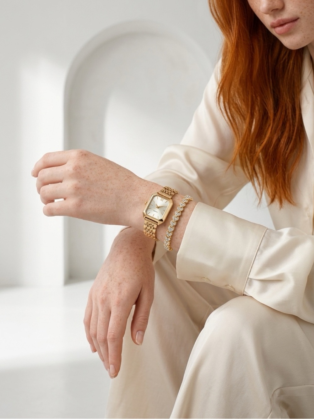 Gold Classic Quartz Watch Women's Bracelet Set